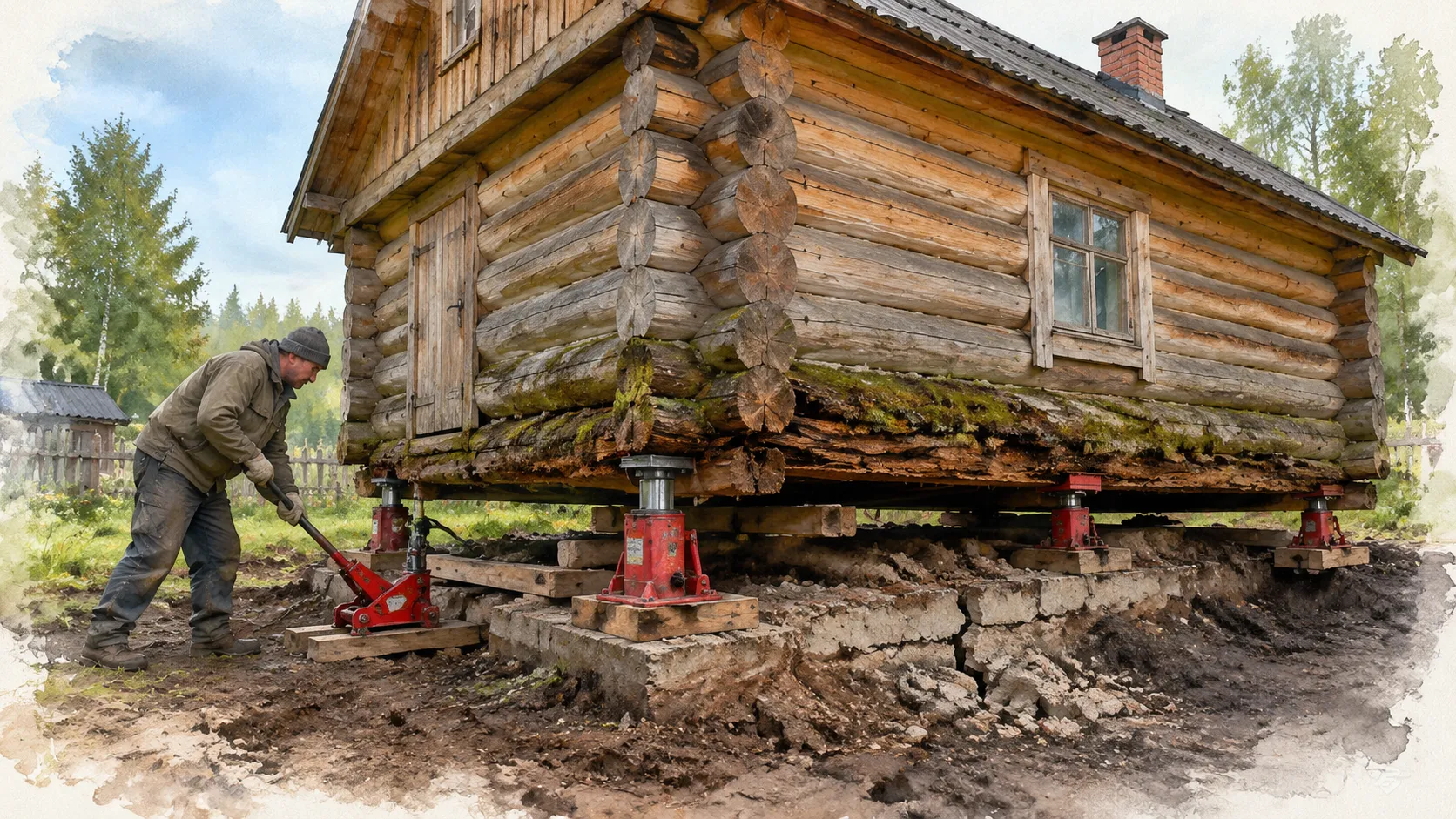 Нижний венец сгнил, и баню не разбирают, а поднимают домкратами по 3-5 см за цикл