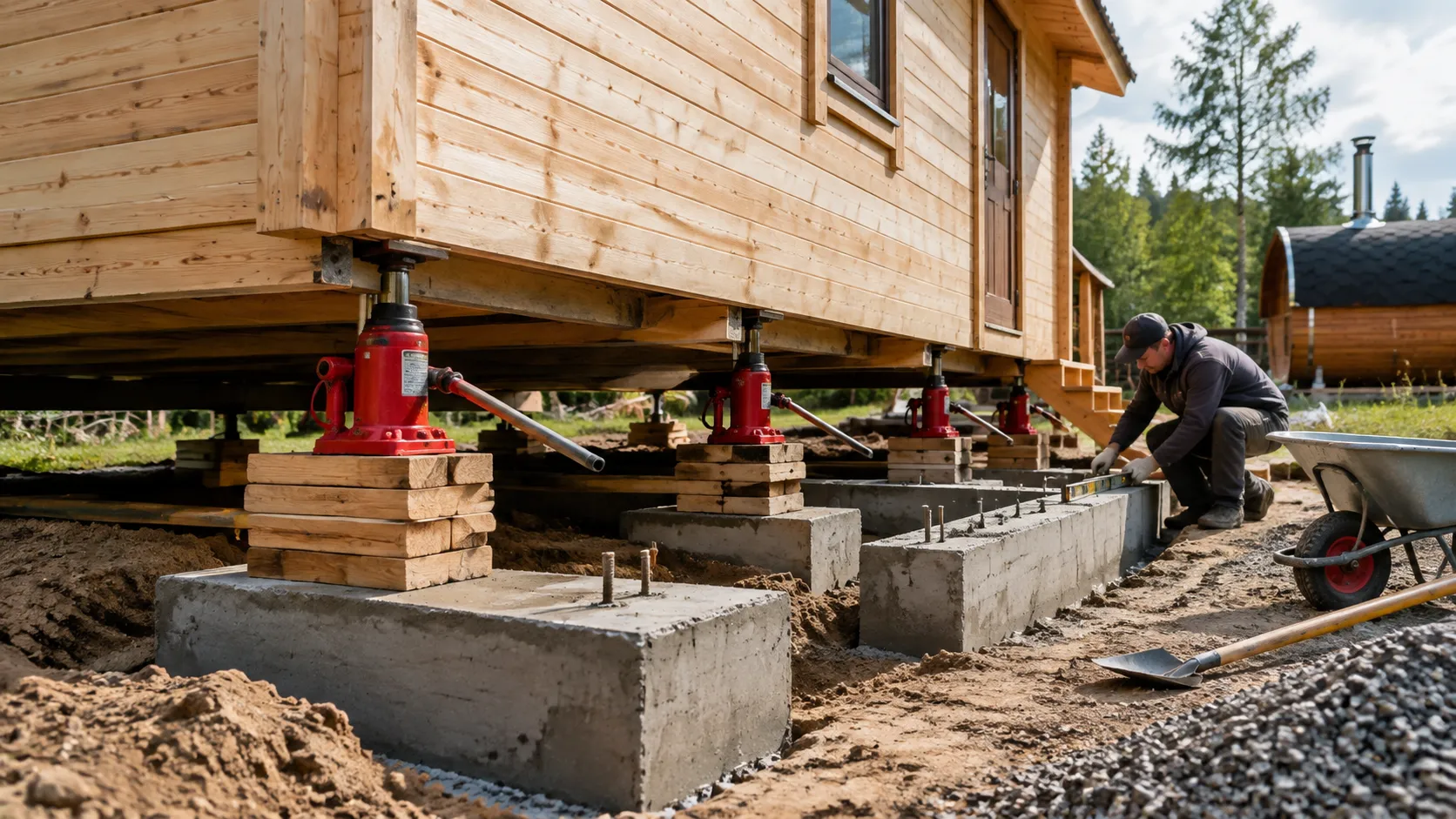 Домкраты поднимают баню на 3-5 см за раз, и фундамент подводят под неё по частям